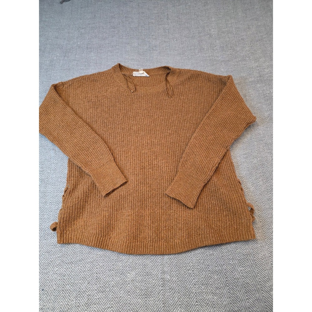 Pink Republic Sweater Women's M Brown Knit Lace Up Side Shaker Stitch Crew Neck